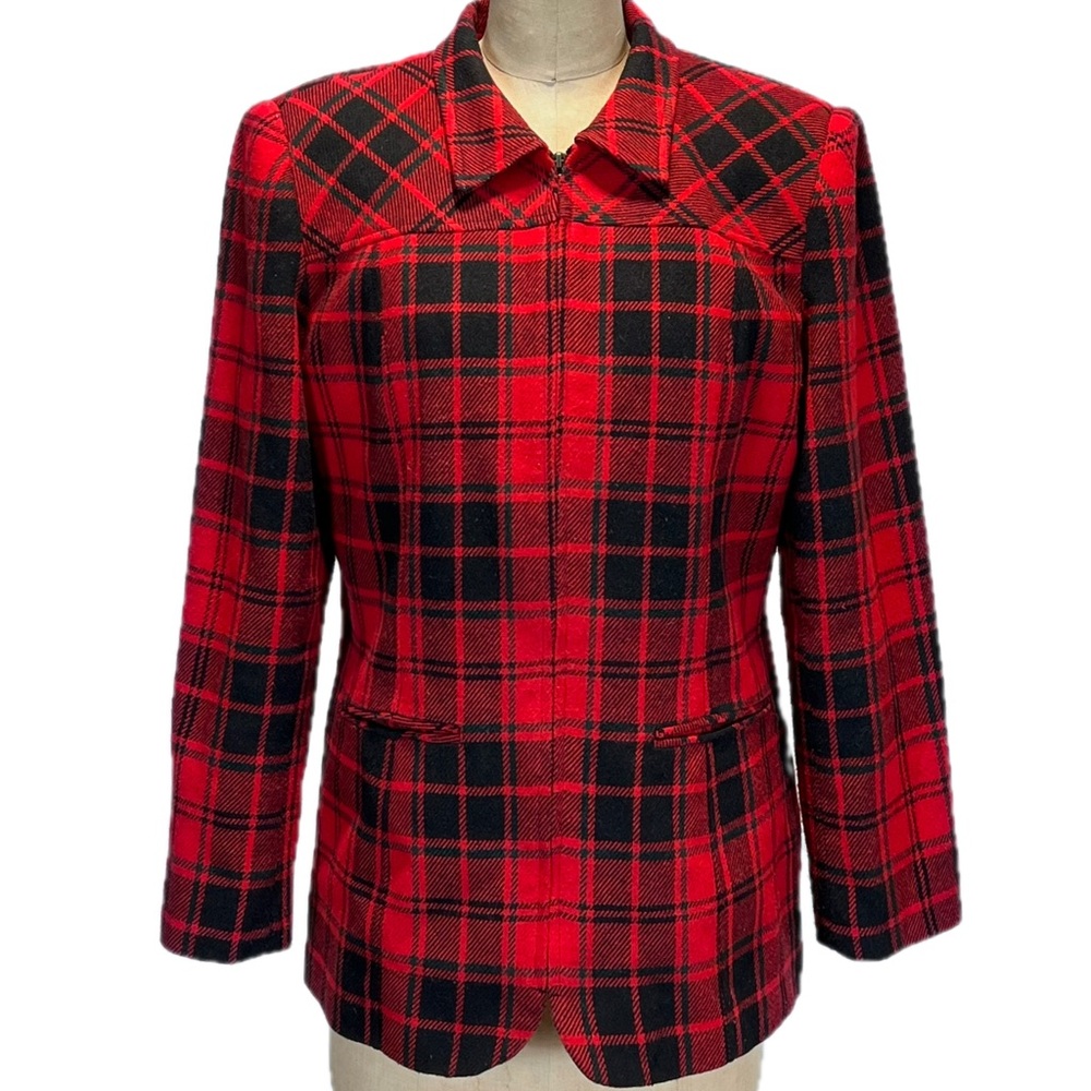 VINTAGE tartan plaid wool jacket zipper front tailored career preppy office work